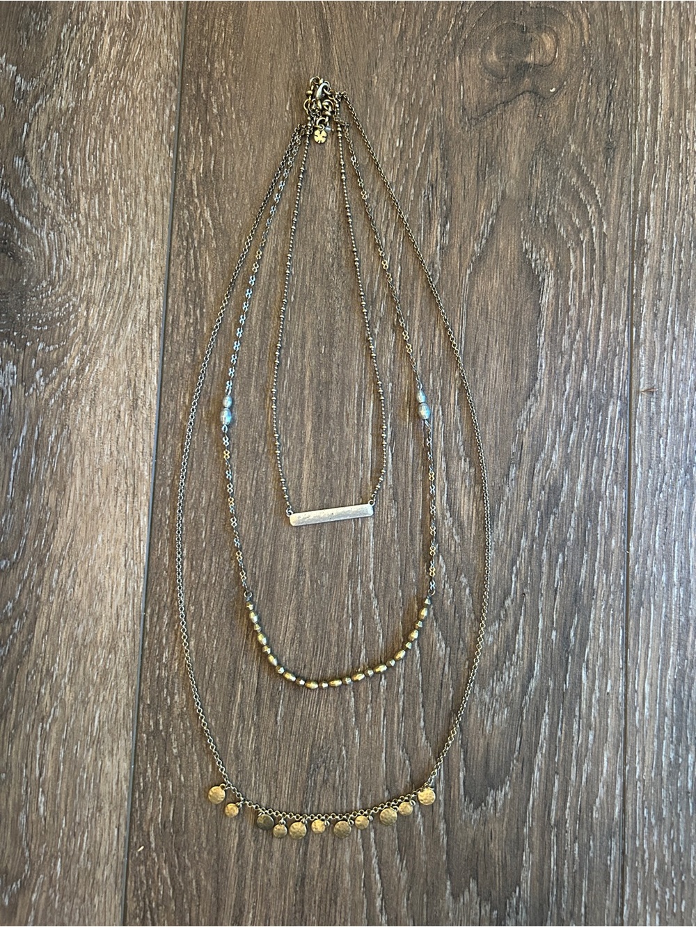 Triple-Layer Gold Necklace with Bar, Beads & Disc Charms